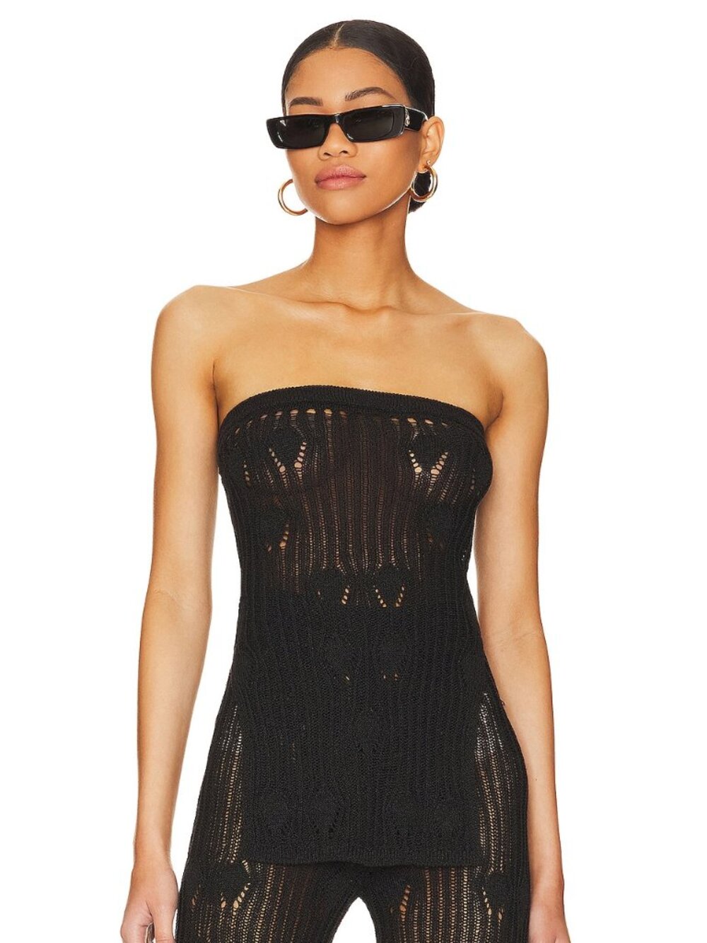 NBD Astra Tube Top in Black strapless mesh sheer knit